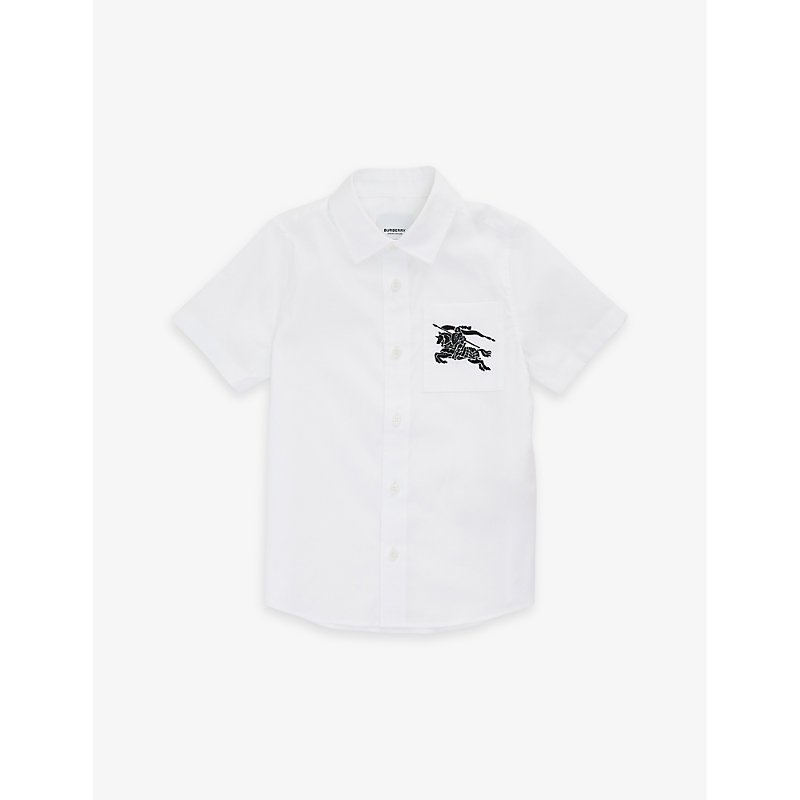 BURBERRY BURBERRY BOYS WHITE KIDS LOGO-EMBROIDERED STRETCH-COTTON SHIRT 3-14 YEARS,66720134