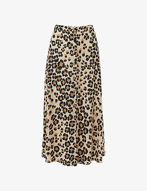 WHISTLES: Leopard-print button-through woven midi skirt
