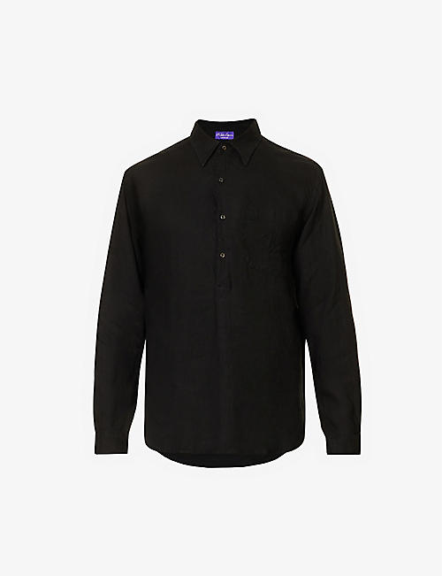 RALPH LAUREN PURPLE LABEL: Monogram-embroidered patch-pocket relaxed-fit linen shirt