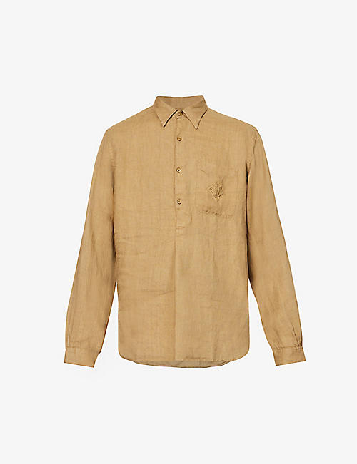 RALPH LAUREN PURPLE LABEL: Brand-embroidered curved-hem relaxed-fit linen shirt