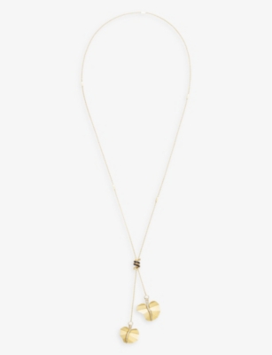 LA MAISON COUTURE: La Maison Couture x Tomasz Donocik Double Leaf yellow gold-plated sterling-silver, cubic zirconia and enamel necklace