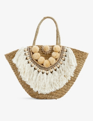 BOUTIQUE BONITA: Bohemian shell-embellished straw tote bag