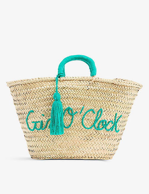 BOUTIQUE BONITA: Gin O'Clock embroidered palm basket bag