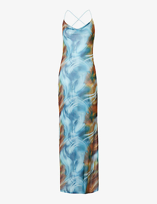 GRACEJACOB: 抽象印花垂褶领网面长连衣裙