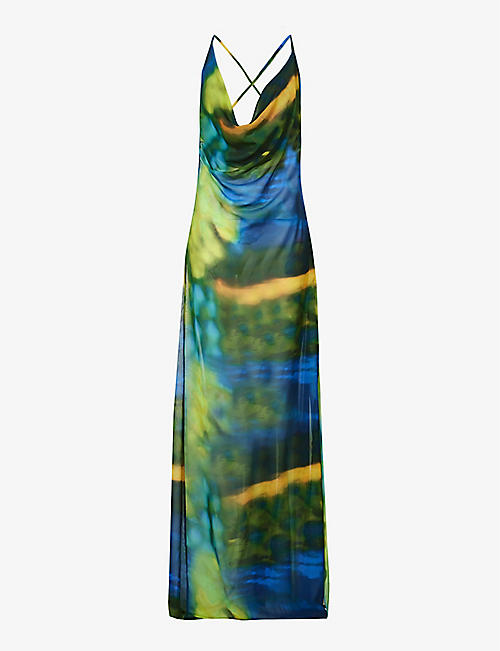 GRACEJACOB: Abstract-print cowl-neck mesh maxi dress