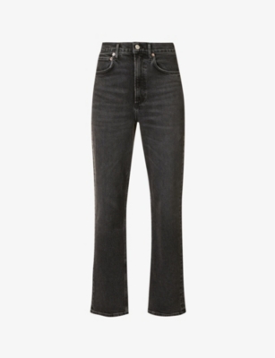 Agolde Womens Panoramic Riley High-rise Straight-leg Stretch Organic-cotton-blend Denim Jeans In Metal (md Washed Black)