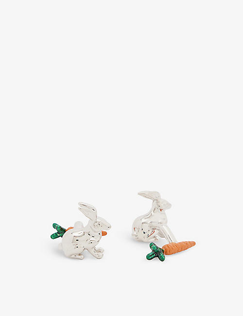 BABETTE WASSERMAN LONDON: Rabbit and Carrot rhodium-plated metal and enamel cufflinks