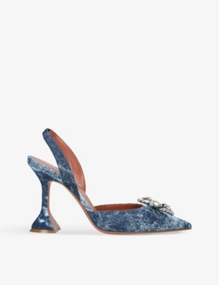 Shop Amina Muaddi Women's Blue Rosie Crystal-embellished Denim Slingback Courts