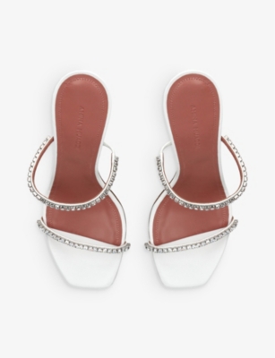 Shop Amina Muaddi Womens White Gilda Crystal-embellished Leather Heeled Sandals
