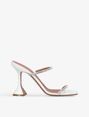 Shop Amina Muaddi Womens White Gilda Crystal-embellished Leather Heeled Sandals