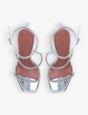 Shop Amina Muaddi Women's Silver Gilda Glass Crystal-embellished Leather Heeled Mules