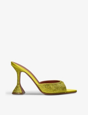 Shop Amina Muaddi Caroline Crystal-embellished Satin Heeled Sandals In Yellow