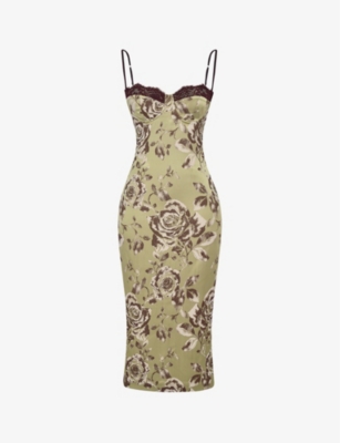 HOUSE OF CB - Cassia lace-trim floral-print woven midi dress |  Selfridges.com