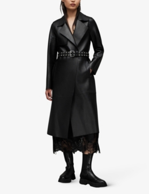 Farren Leather Eyelet Belted Trench Coat Black