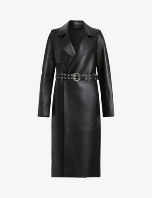 Farren Leather Eyelet Belted Trench Coat Black