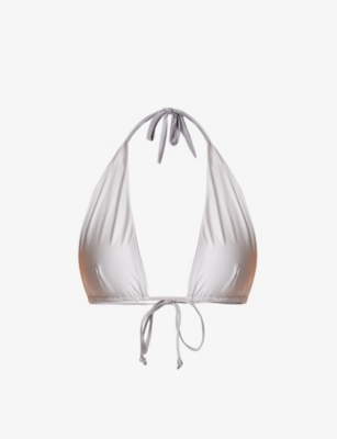 Good American Womens Silver Mirror Ruched Halterneck Bikini Top