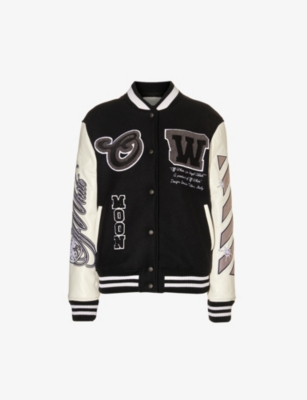 Off-White c/o Virgil Abloh Wool Embroidered Slogan Patch Varsity Jacket In  White