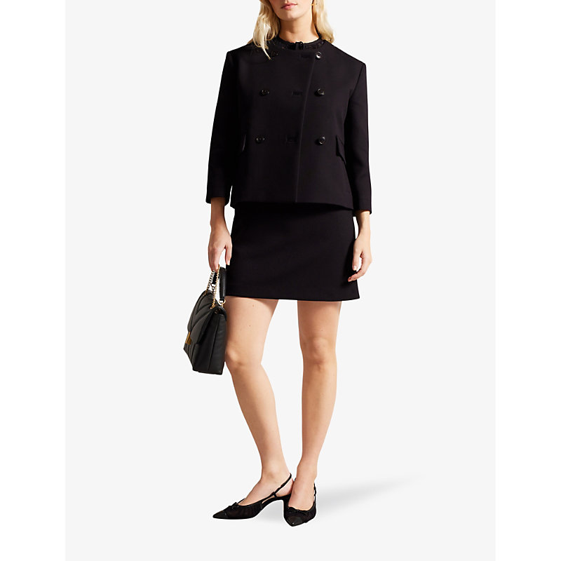 Shop Ted Baker Molleia Double-breasted Cropped-length Cotton Coat In Black