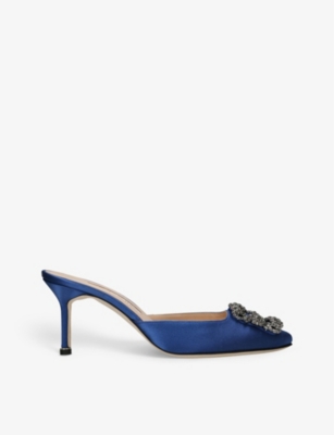 MANOLO BLAHNIK MANOLO BLAHNIK WOMEN'S BLUE HANGISI CRYSTAL-EMBELLISHED SATIN HEELED MULES,66809778