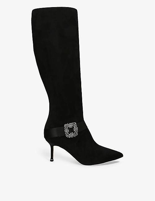 MANOLO BLAHNIK: Pliniahi crystal-buckle suede heeled knee-high boots