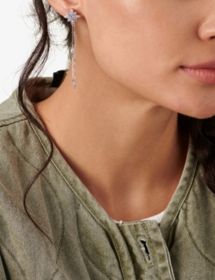CARAT LONDON: Camelia flower and chain sterling-silver and cubic zirconia drop earrings