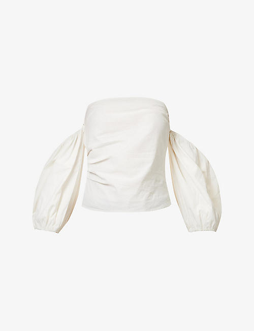 PRETTY LAVISH: Elle puff-sleeve cotton and linen-blend top