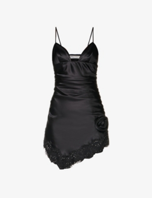 Alessandra Rich Ruched Mini Dress With Diamanté Lace Trim In Black