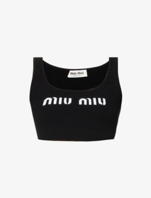 Miu Miu Cropped Logo-knit Tank Top In Nero