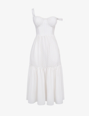House Of Cb Womens White Broderie Elia Floral-print Stretch-cotton Midi Dress