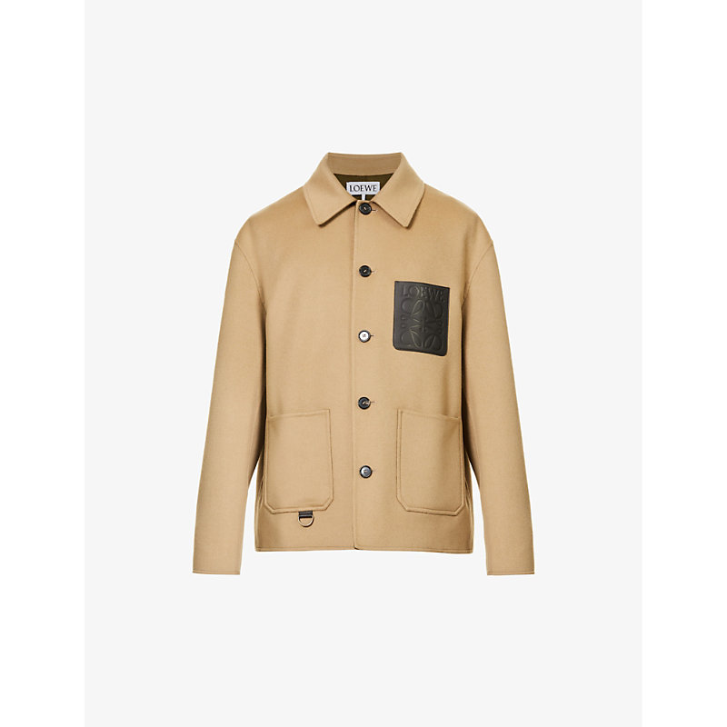 LOEWE LOEWE MEN'S BEIGE KHAKI ANAGRAM-PATCH BOXY-FIT WOOL AND CASHMERE-BLEND JACKET