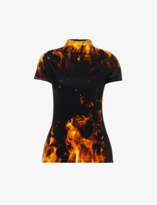 Balmain Velvet Fire Print Top In Noir Jaune Orange