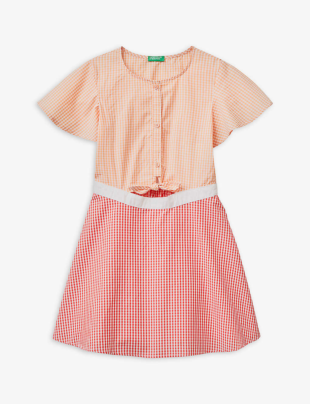 Benetton Girls Pink Check Kids Vichy Gingham-print Elasticated-waist Cotton-poplin Dress 6-14 Years