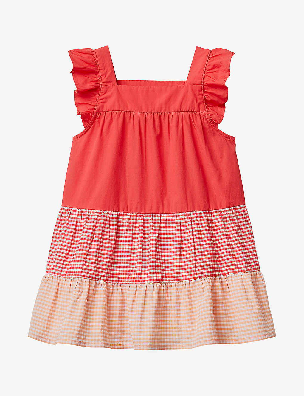 Benetton Kids' Gingham-pattern Ruffle-sleeve Cotton Mini Dress 1-6 Years In Orange/red