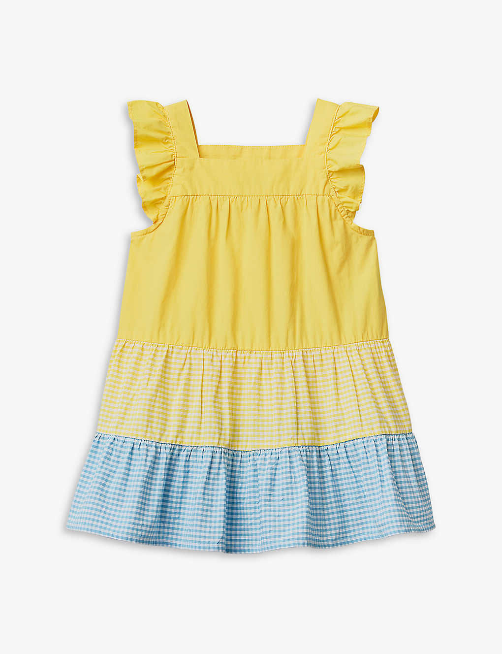 Benetton Girls Sunny Yellow Kids Gingham-pattern Ruffle-sleeve Cotton Mini Dress 1-6 Years