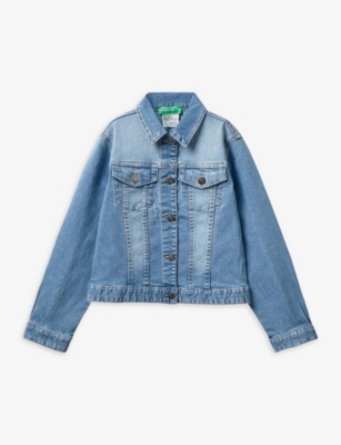 Benetton Girls Blue Denim Kids Regular-fit Patch-pocket Stretch-denim Jacket 6-14 Years