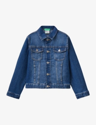 Benetton Girls Blue Denim Kids Regular-fit Long-sleeve Stretch-denim Jacket 6-14 Years