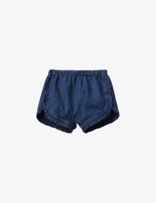 Benetton Girls Blue Denim Kids Elasticated-waist Frilled-hem Denim Shorts 1-18 Months