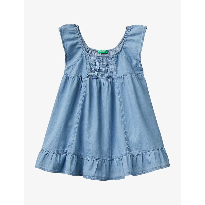 Benetton Girls Blue Denim Kids Frilled-hem Shirred-back Cotton-chambray Mini Dress 1-6 Years
