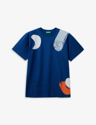 Benetton Boys Blue Pattern Kids Brushstroke-print Cotton-jersey T-shirt 6-14 Years