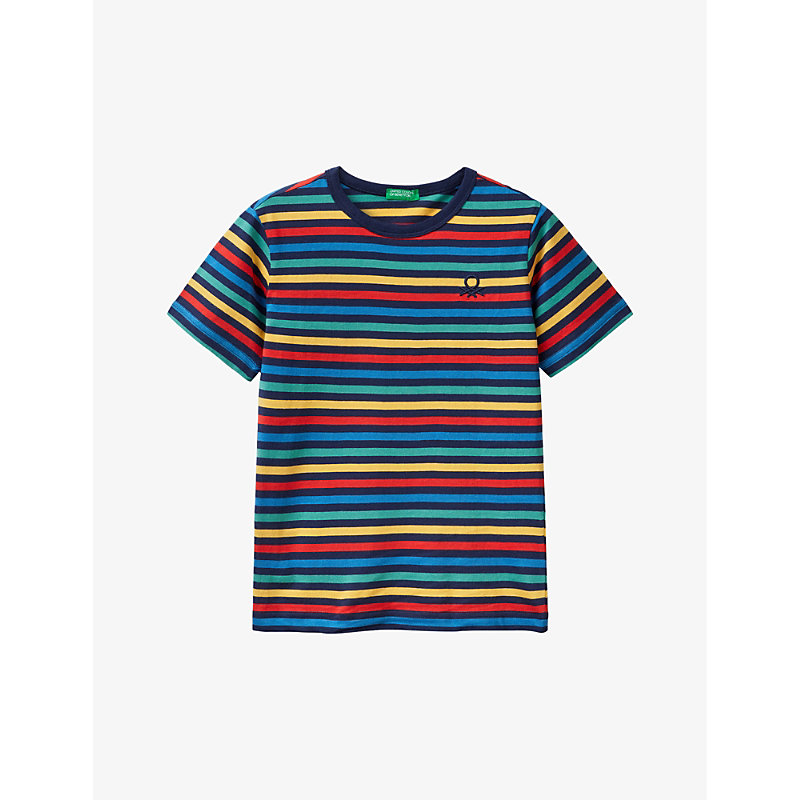Benetton Boys Multi Colour Stripe Kids Logo-embroidered Stripe-pattern Cotton T-shirt 6-14 Years