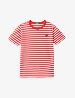 Benetton Kids' Logo-embroidered Stripe-pattern Cotton T-shirt 6-14 Years In Red/white Stripe