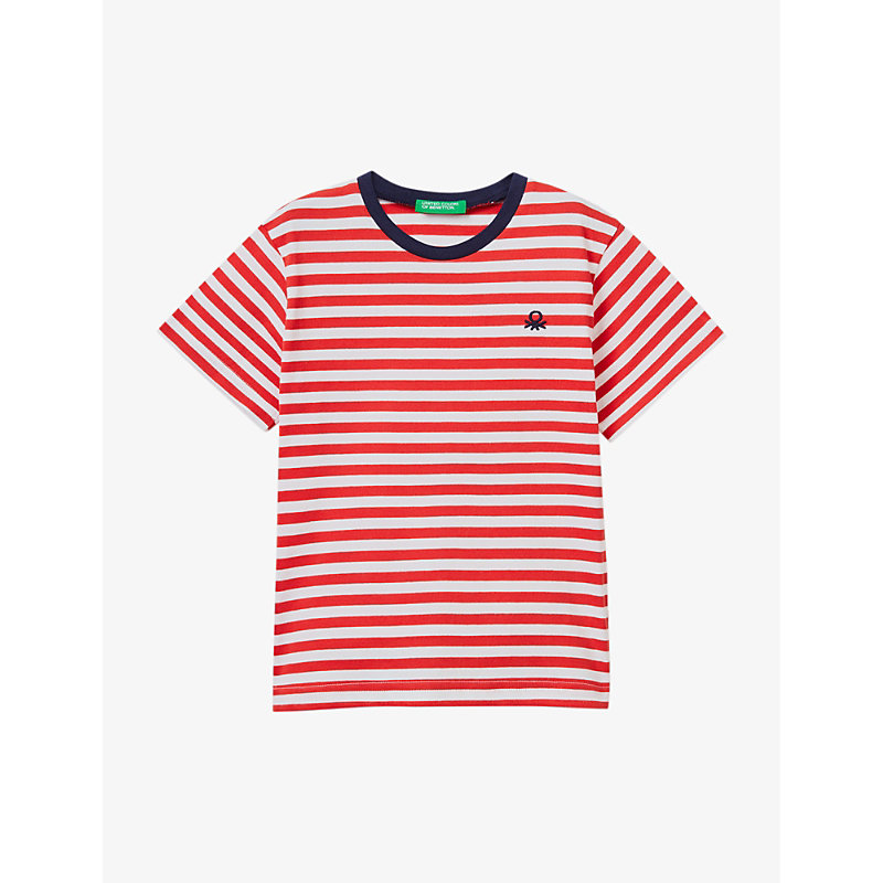 Benetton Kids' Logo-embroidered Stripe-print Cotton T-shirt 1-6 Years In Red/white Stripe