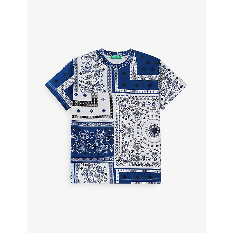 Benetton Boys Blue Pattern Kids Bandana-print Cotton T-shirt 6-14 Years