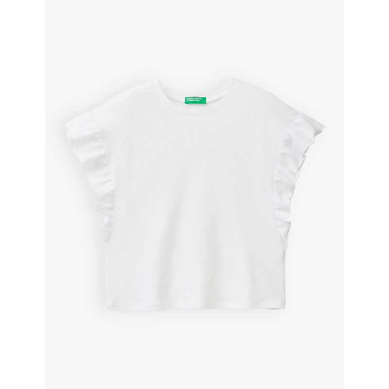 Benetton Girls White Kids Frill-trim Cotton And Linen-blend T-shirt 6-14 Years