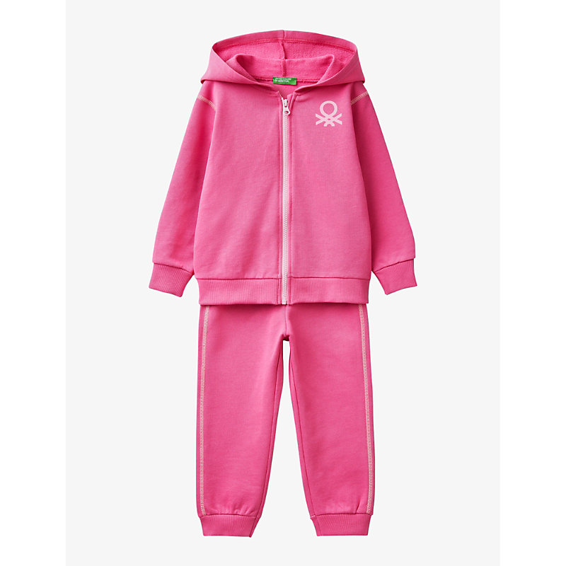 Benetton Girls Bright Pink Kids Logo-print Cotton-jersey Tracksuit 1-6 Years