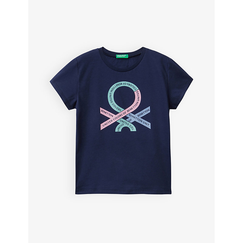 Benetton Girls Navy Blue Kids Logo-print Organic-cotton Jersey T-shirt 6-14 Years