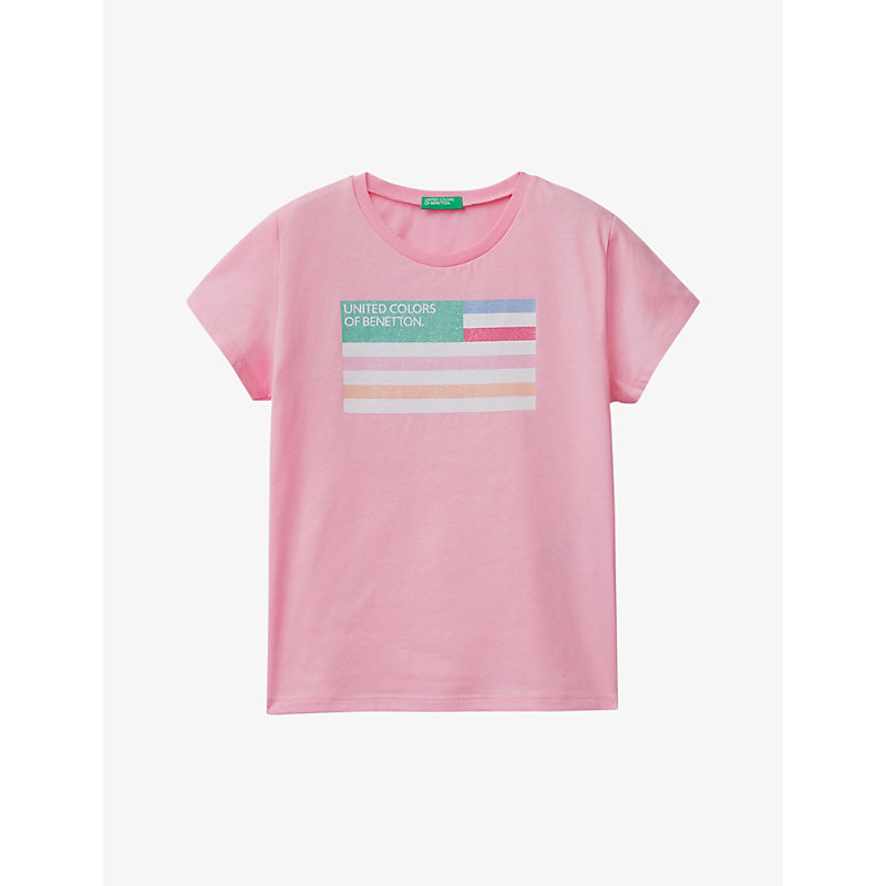 Benetton Girls Pink Kids Logo-print Organic-cotton Jersey T-shirt 6-14 Years