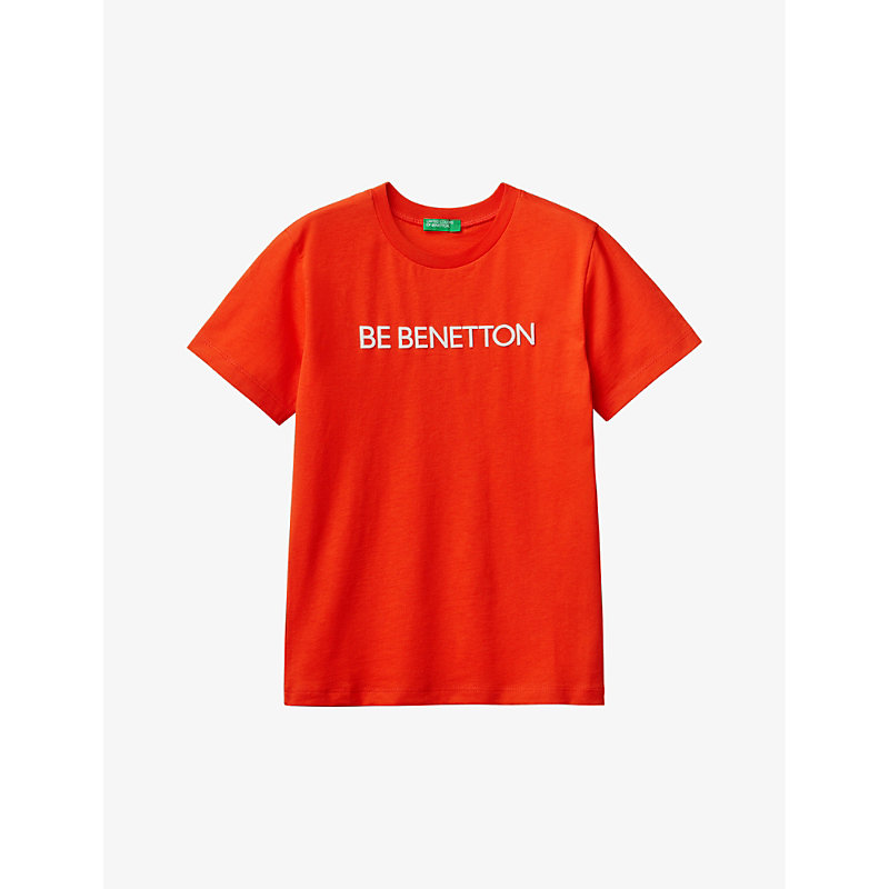 Benetton Kids' Logo-print Short-sleeve Cotton T-shirt 6-14 Years In Orange/red