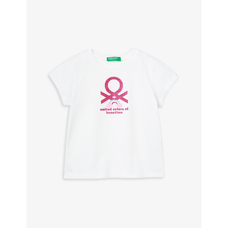 Benetton Girls White Kids Glittered Logo-print Organic-cotton T-shirt 1-6 Years