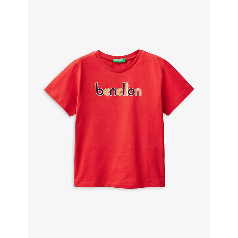 Benetton Girls Red Kids Logo-print Organic-cotton T-shirt 1-6 Years